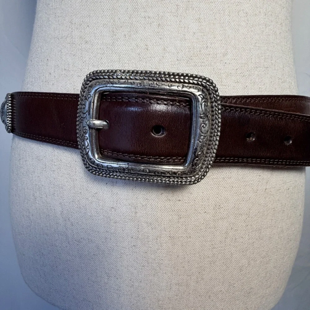 Vintage Dark Brown Leather Western, conchos Belt Silver Engraved Buckle 34
